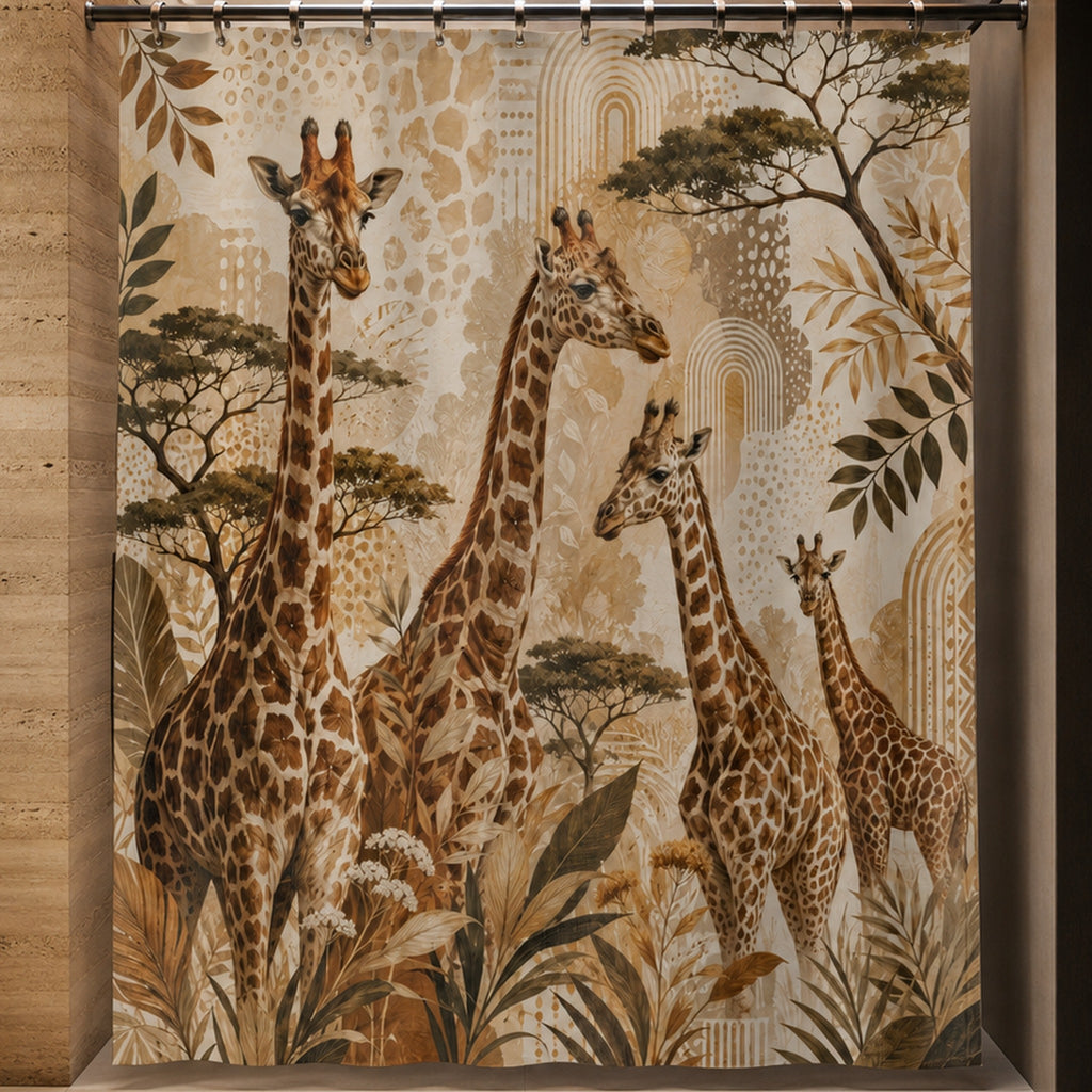 Giraffe safari botanical shower curtain in a luxury amber glass and rammed earth bathroom