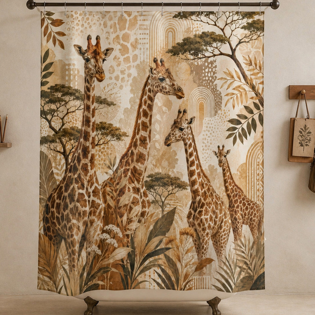 Giraffe safari botanical shower curtain in a wildlife conservation illustrator field lodge bathroom