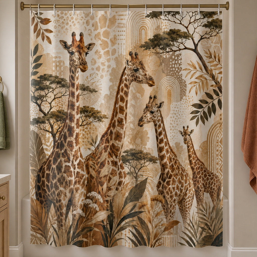 Giraffe safari botanical shower curtain in a warm mushroom family bathroom with pale oak vanity
