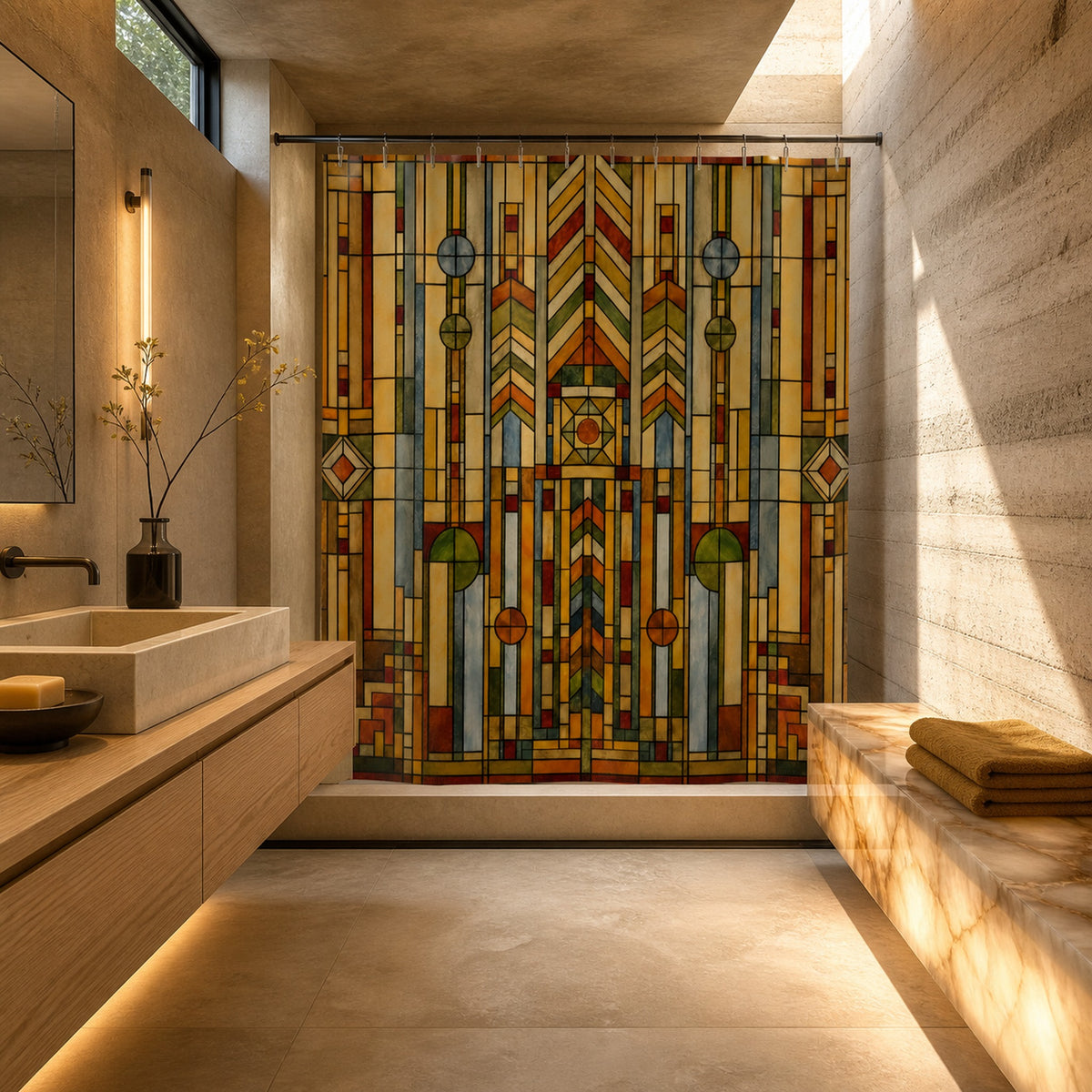 Prairie geometric shower curtain in a designer bathroom with oak, rammed earth, and glowing onyx