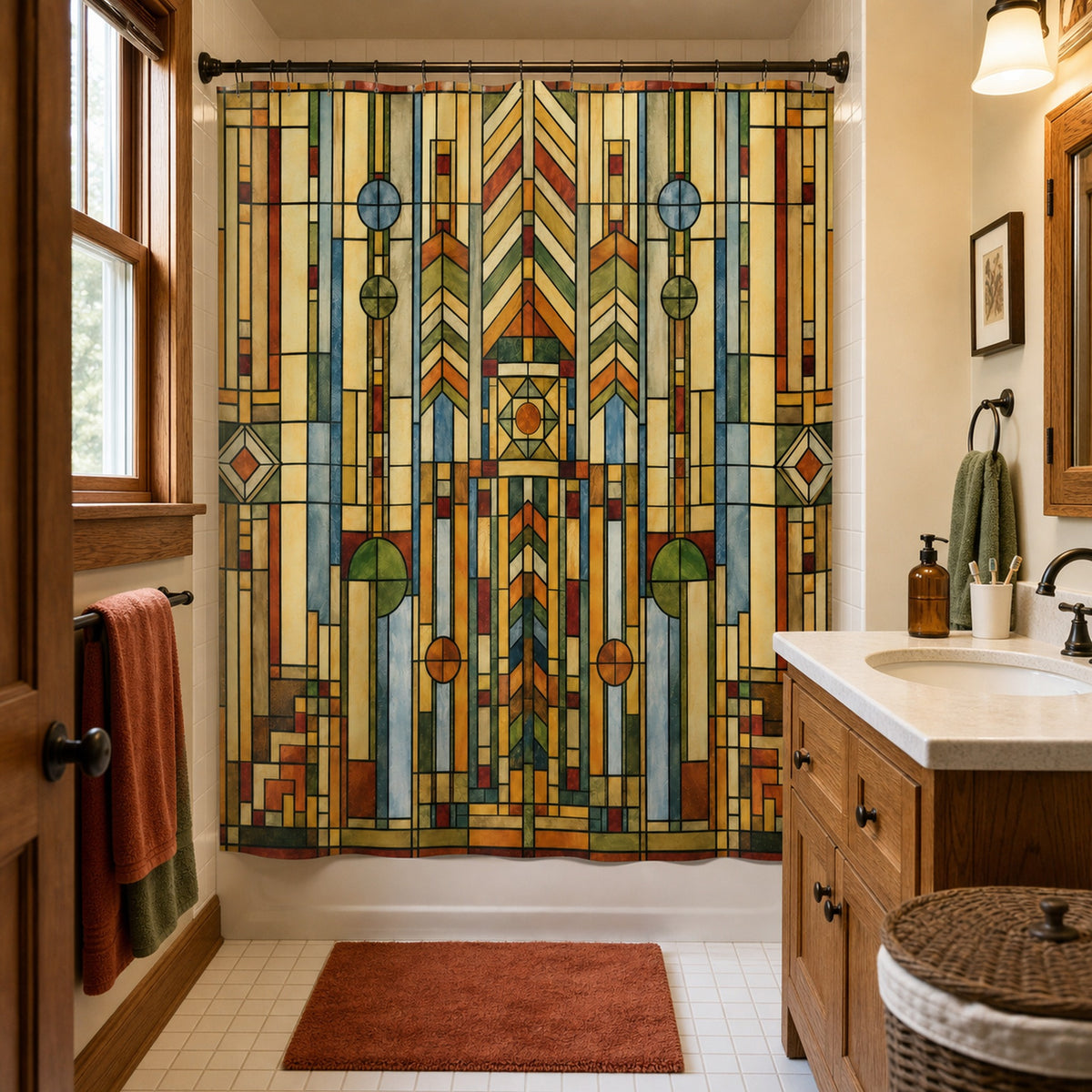 Prairie stained-glass geometric shower curtain in an attainable warm Craftsman bungalow bathroom