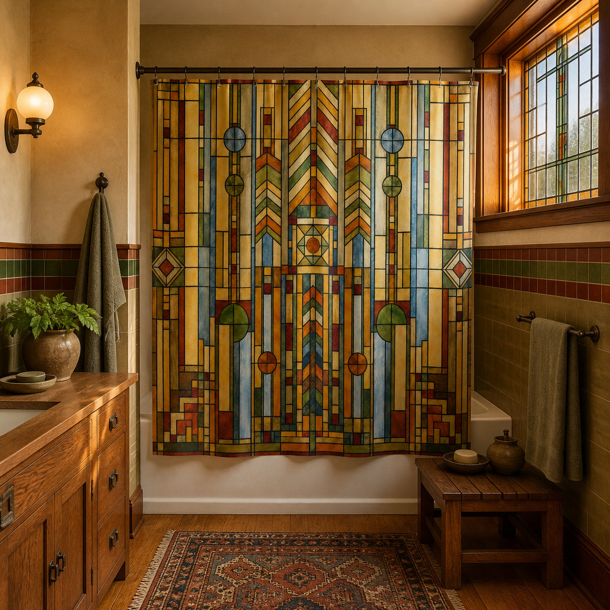Prairie stained-glass shower curtain in a warm Arts and Crafts bathroom with oak and colored light