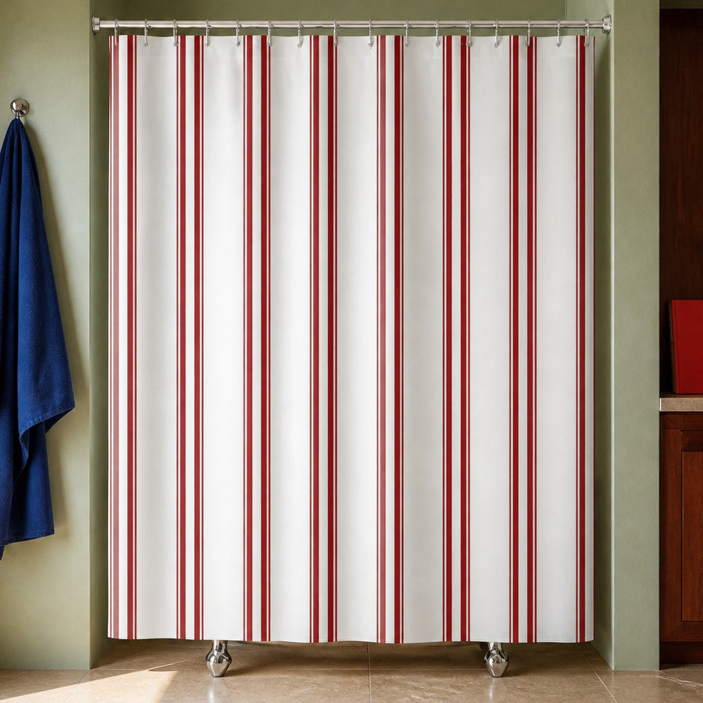 White and red vertical stripe shower curtain in a celadon city bathroom with dark cherrywood cabinet