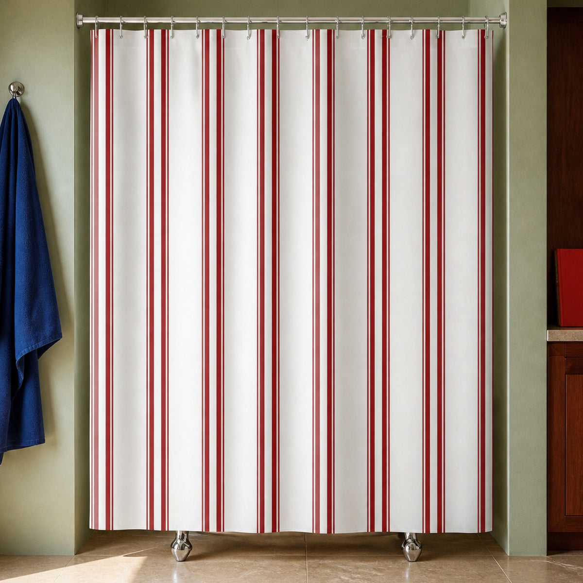 White and red vertical stripe shower curtain in a celadon city bathroom with dark cherrywood cabinet