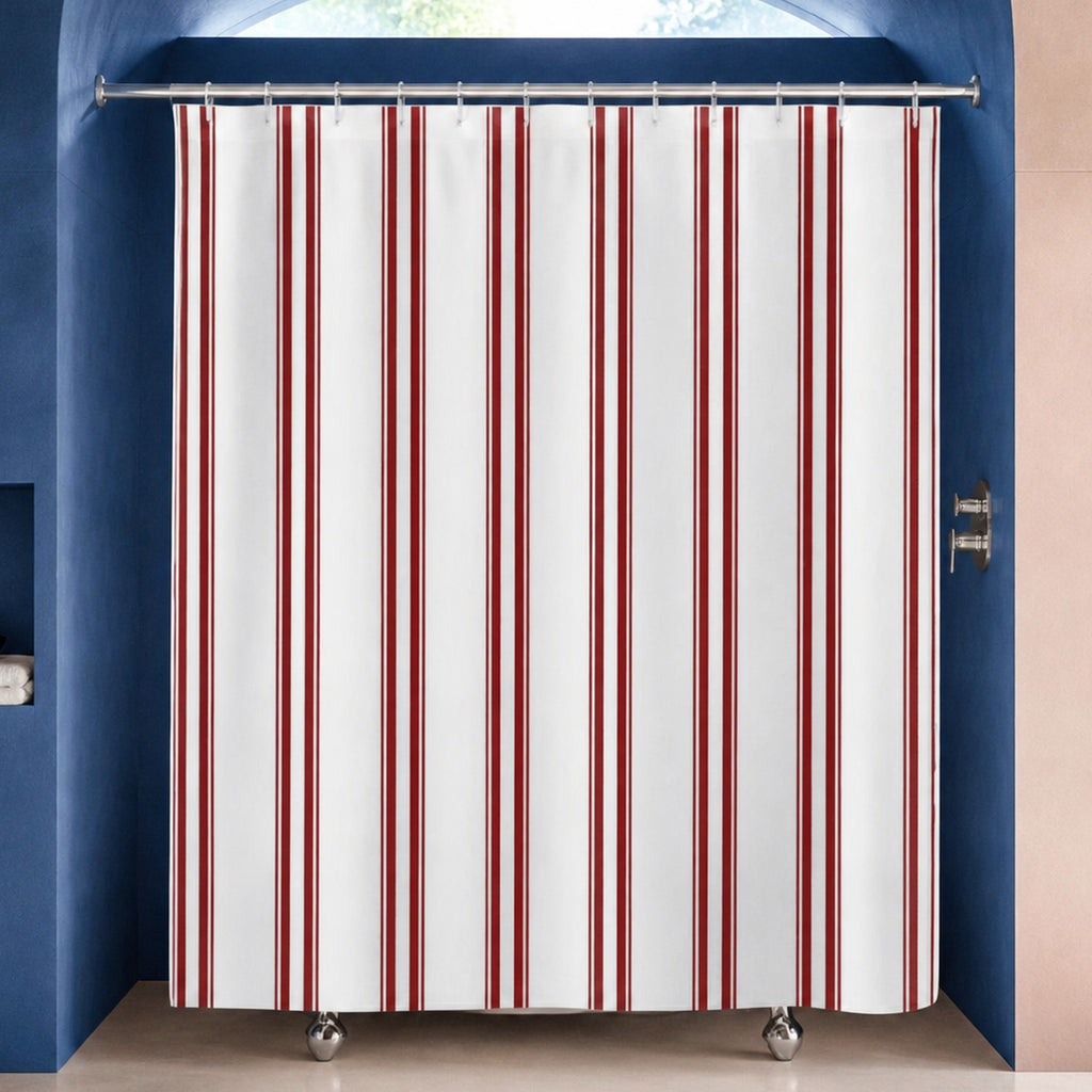 White and red vertical stripe shower curtain in an ultramarine designer bathroom with pale blush stone
