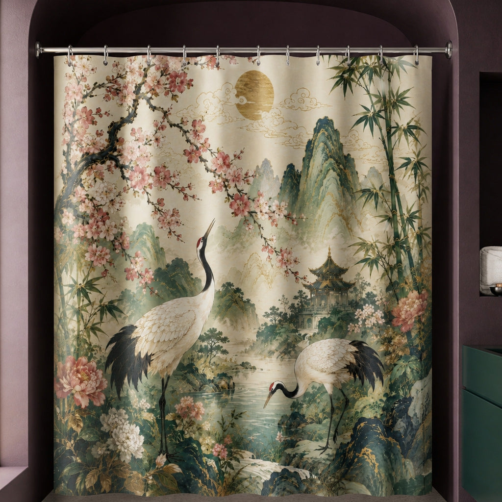 Japanese crane garden shower curtain in an aubergine designer bathroom with emerald basin
