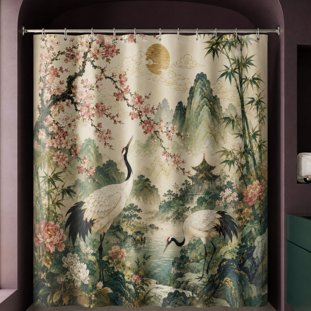 Japanese crane garden shower curtain in an aubergine designer bathroom with emerald basin