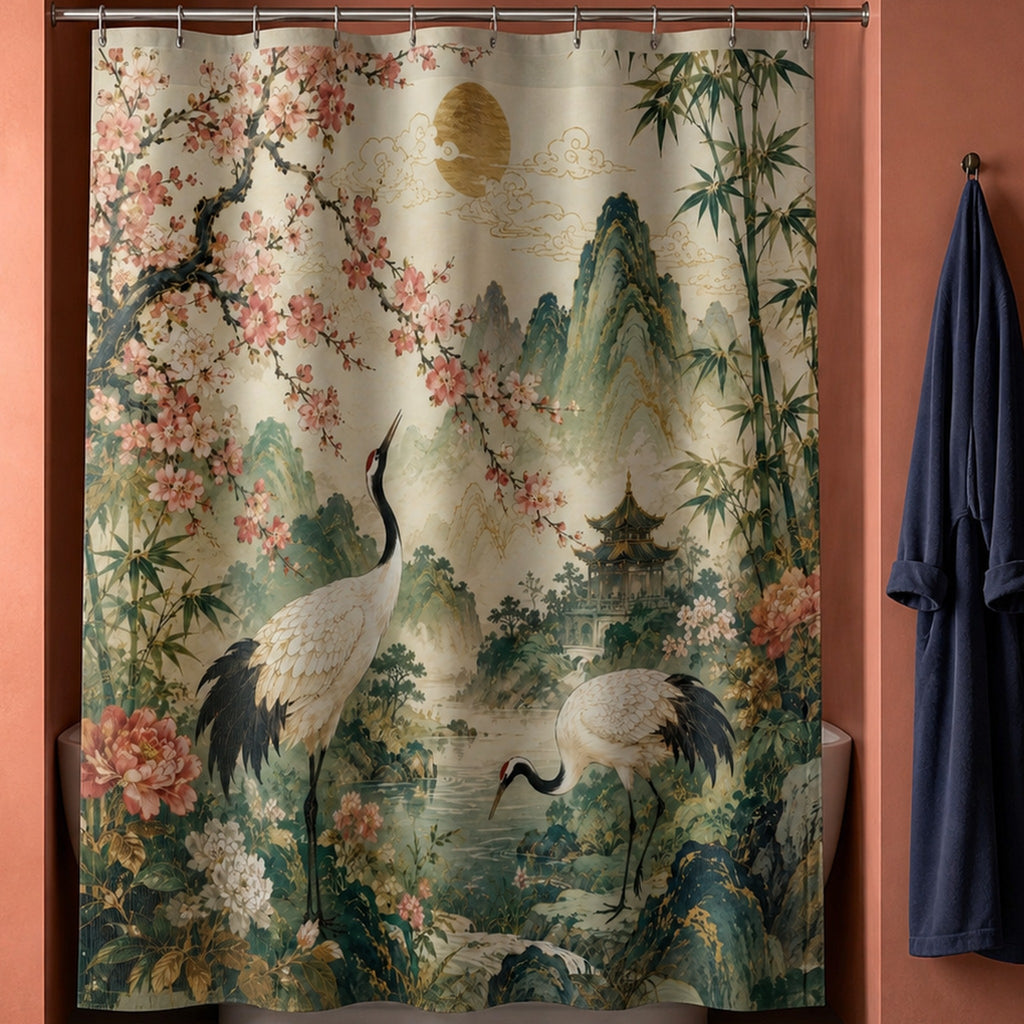 Japanese crane garden shower curtain in a muted-coral bathroom with smoked oak vanity