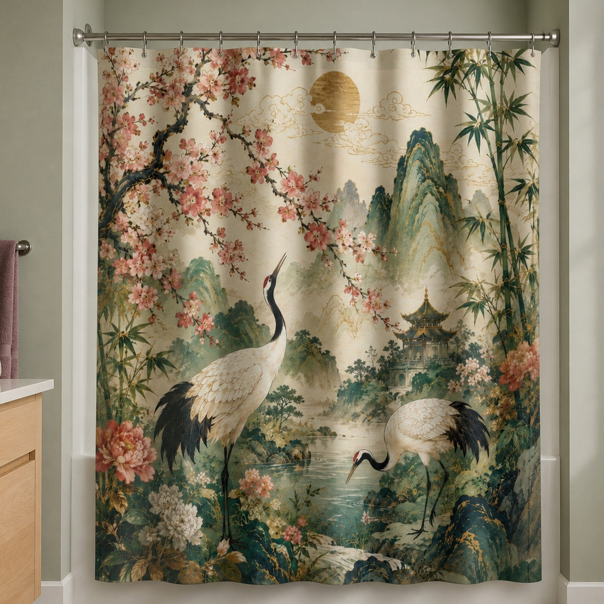 Japanese crane garden shower curtain in a sage-gray bathroom with light maple vanity