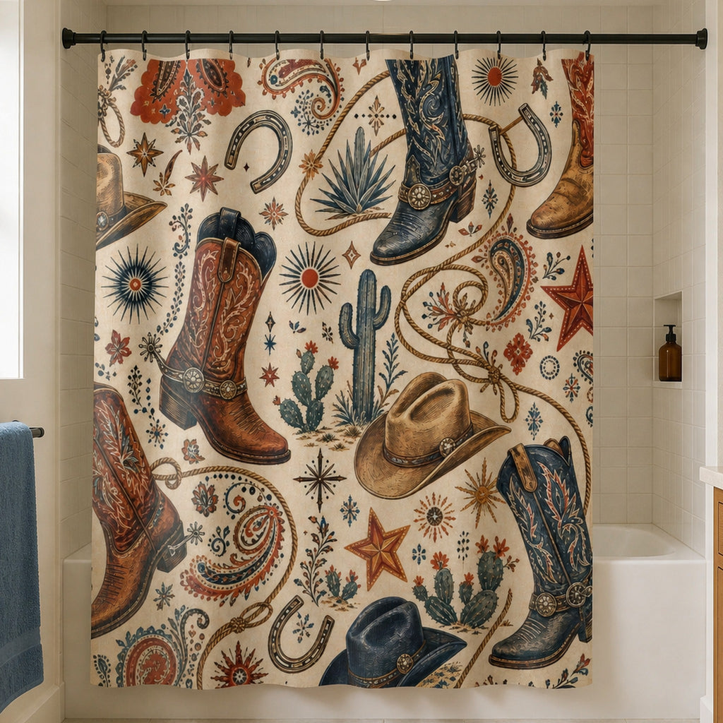 Western cowboy boot and paisley shower curtain in a warm cream tile ranch-house guest bathroom