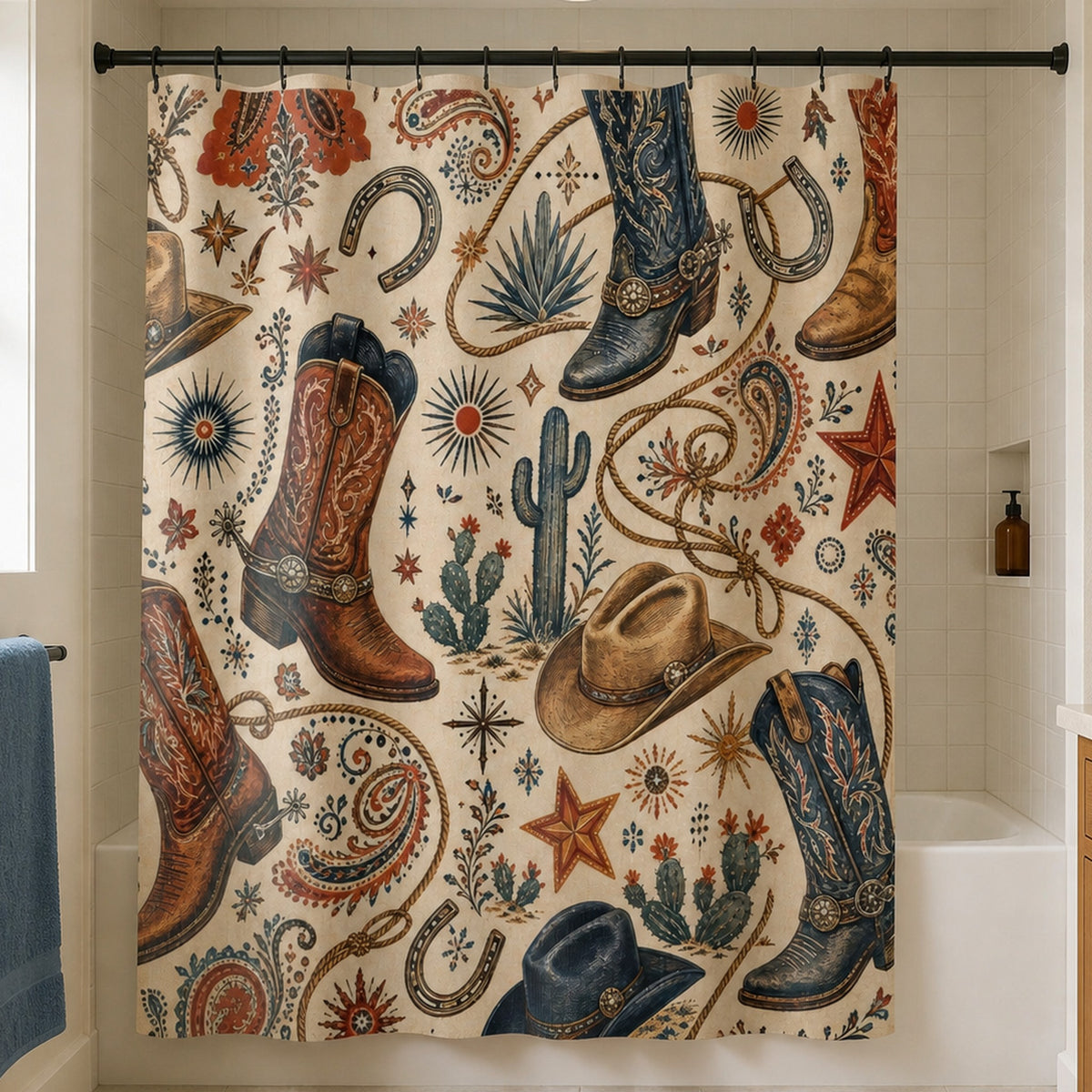 Western cowboy boot and paisley shower curtain in a warm cream tile ranch-house guest bathroom