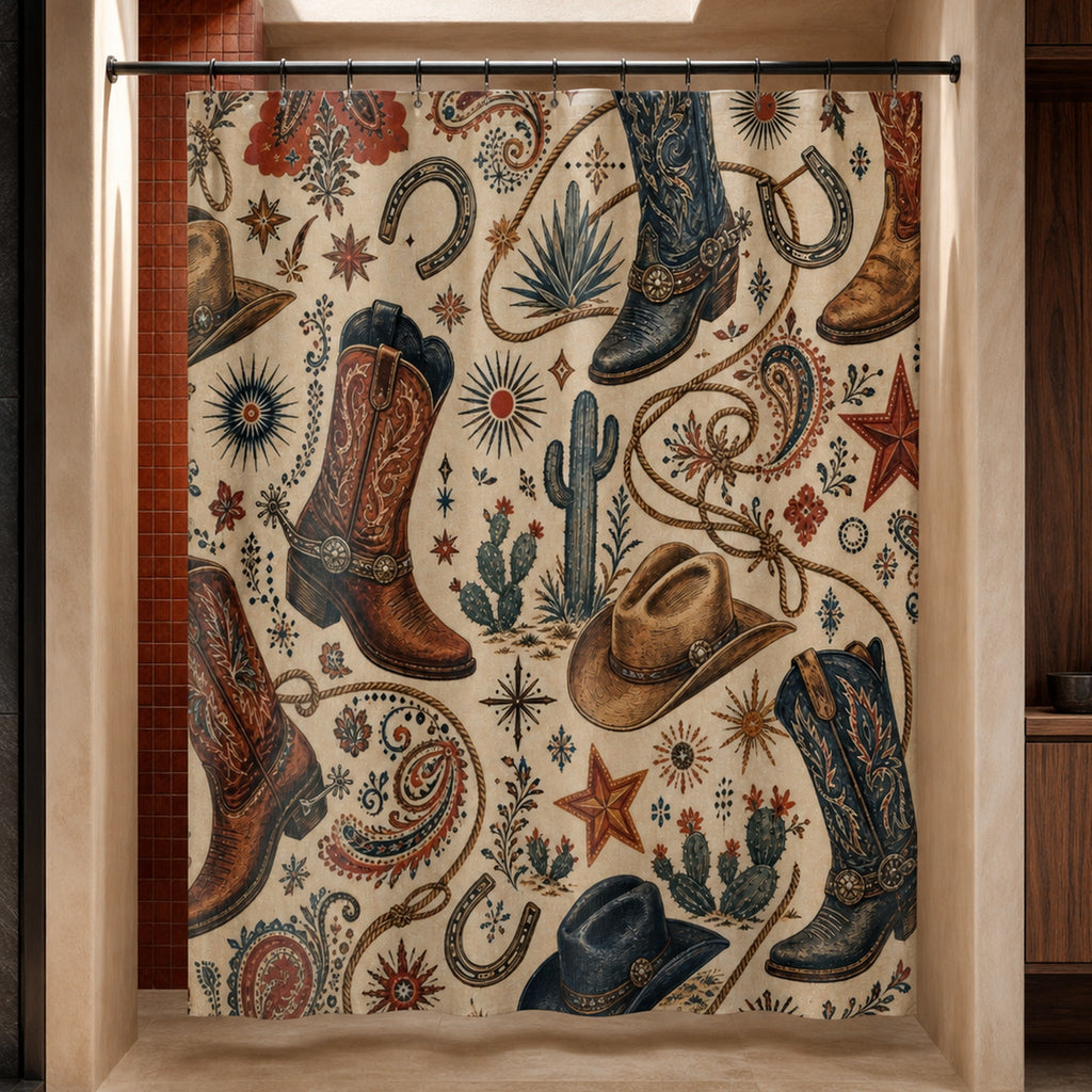 Western cowboy boot and paisley shower curtain in a sculpted adobe bath with ember tile and a rooflight