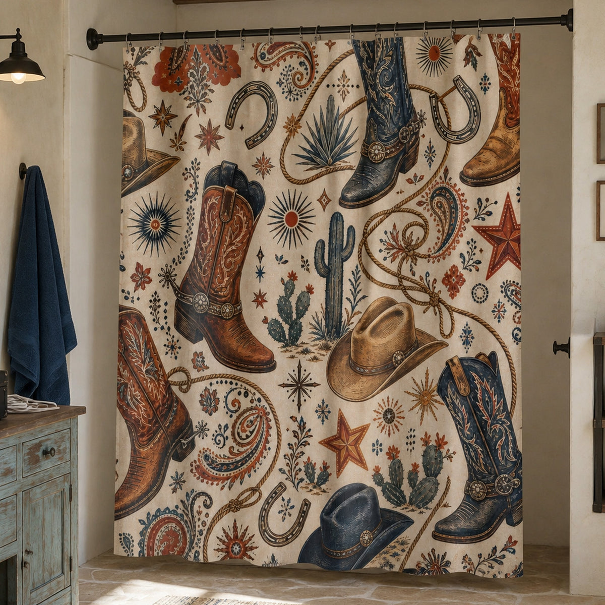 Western cowboy boot and paisley shower curtain in a rodeo photographer's high-desert ranch washroom
