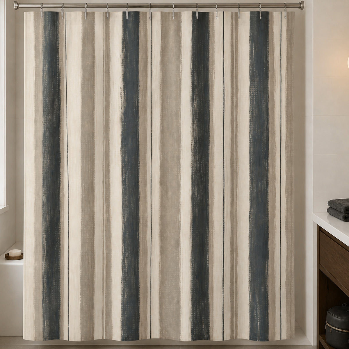 Greige French Stripe shower curtain in an attainable walnut and greige apartment guest bathroom