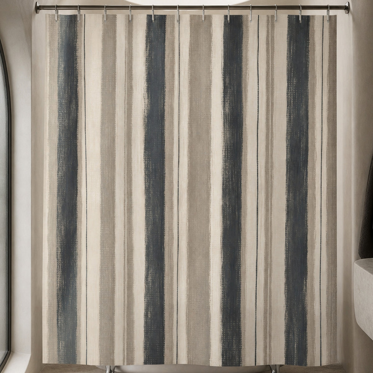 Greige French Stripe shower curtain in a sculpted chalk shell designer bathroom with pewter details
