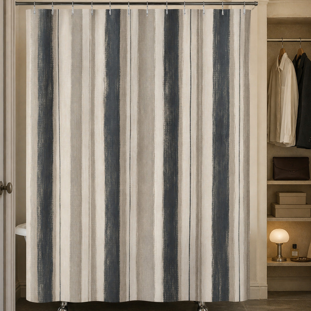 Greige French Stripe shower curtain in a tailored Paris fashion editor apartment bathroom