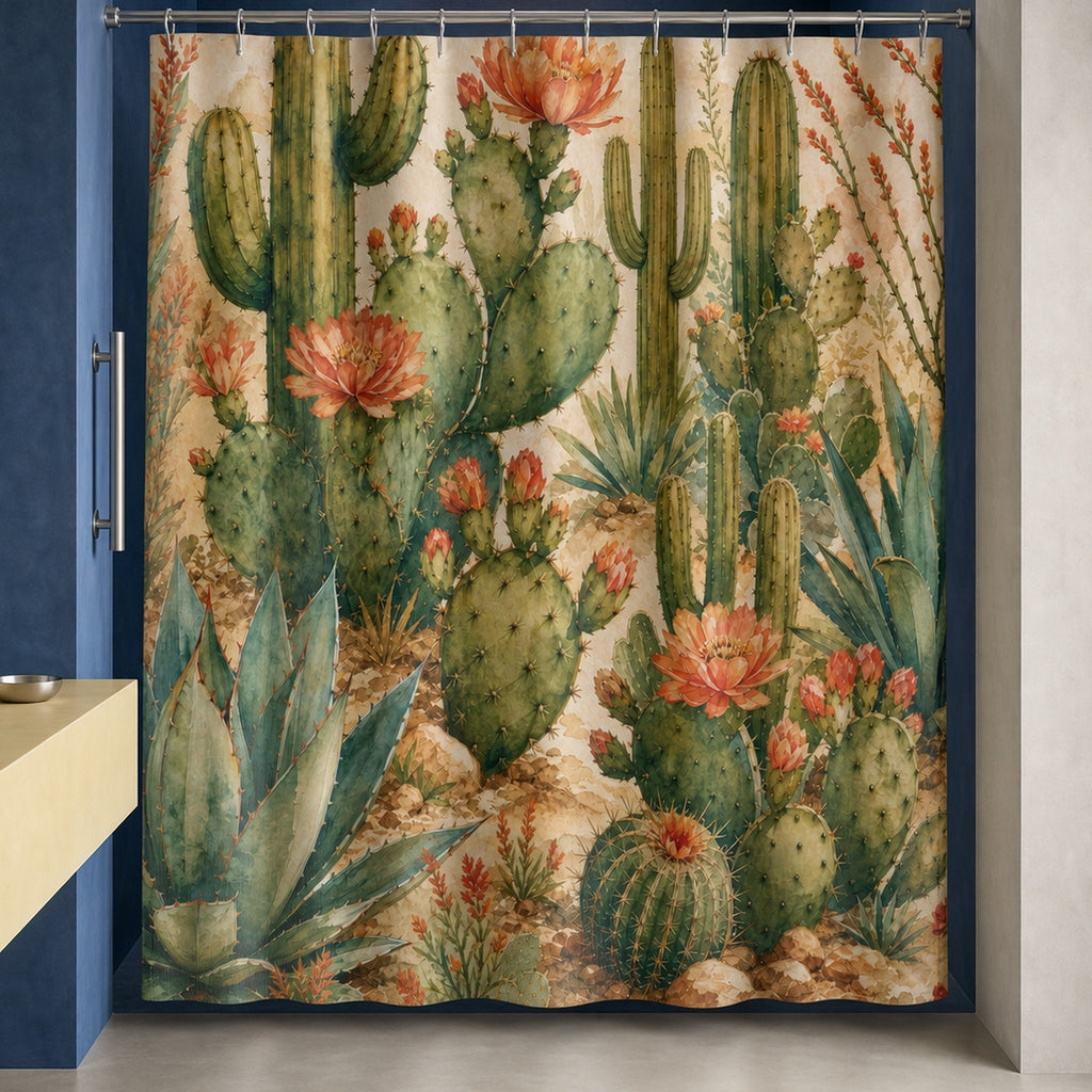 Cactus desert botanical shower curtain in an ultramarine designer bathroom with butter vanity