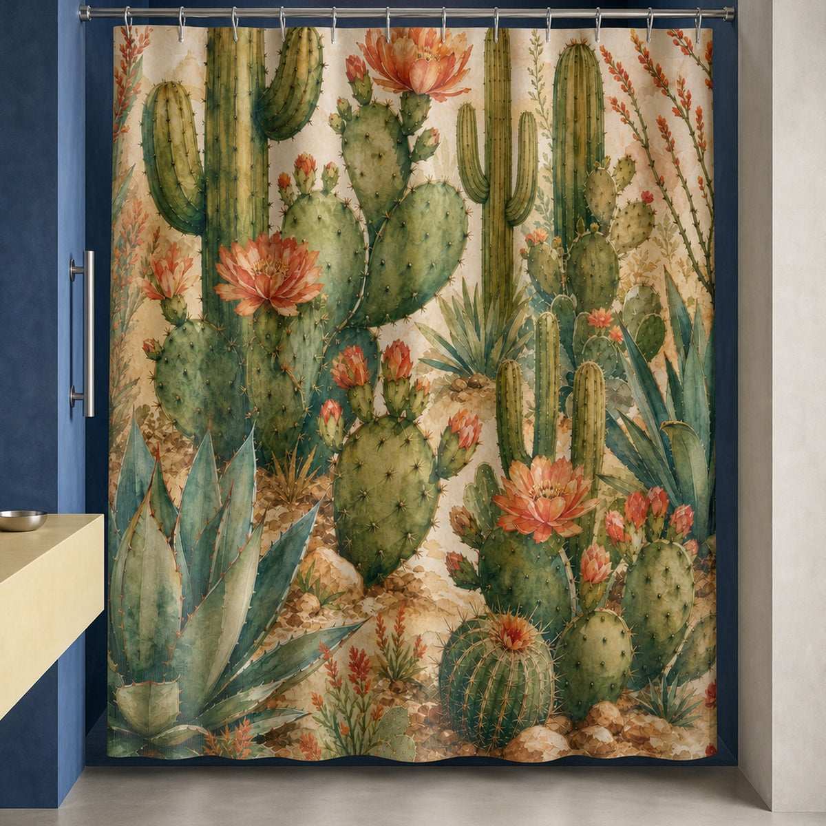 Cactus desert botanical shower curtain in an ultramarine designer bathroom with butter vanity