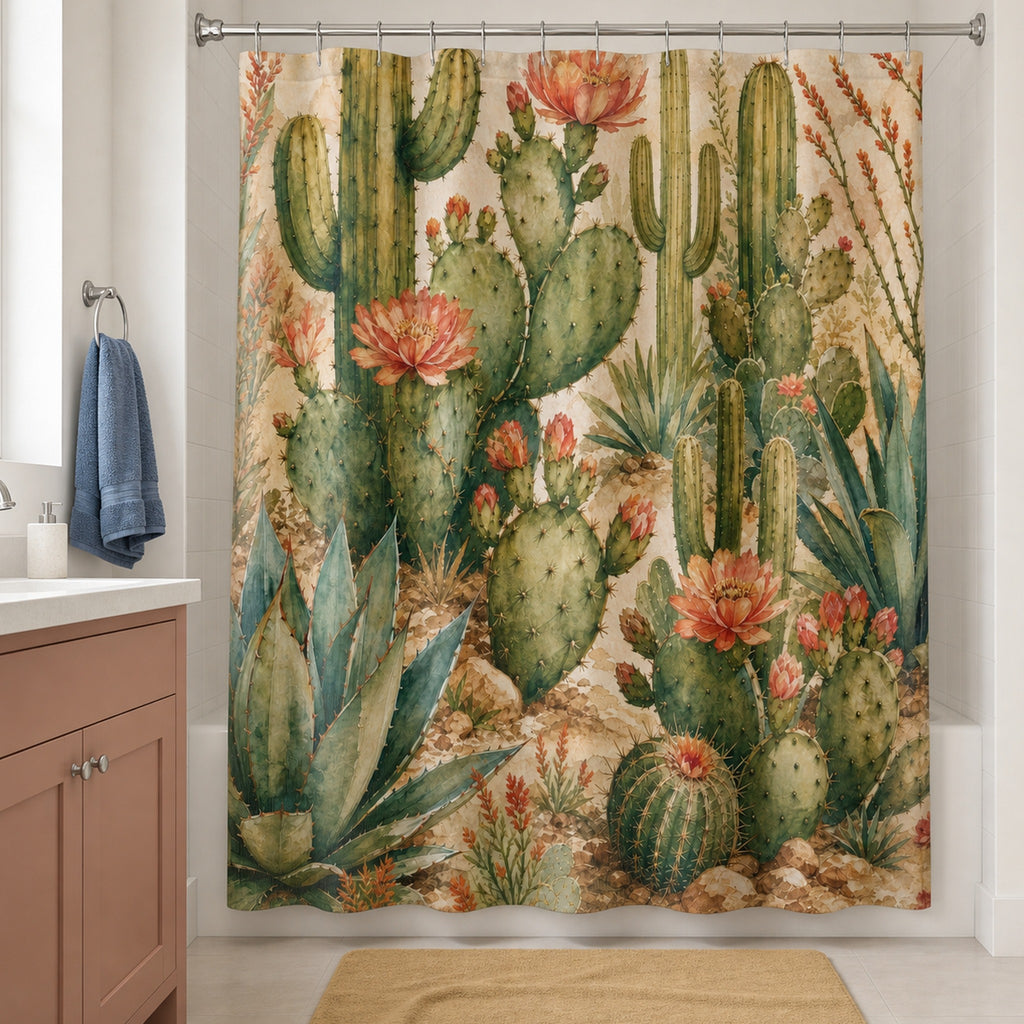 Cactus desert botanical shower curtain in a warm white bathroom with a clay pink vanity