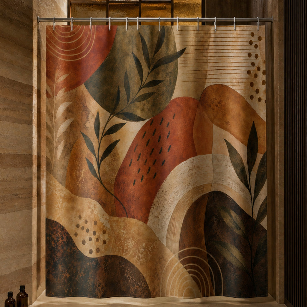 Earthy terracotta abstract botanical shower curtain in a rammed earth bath with smoked ochre glass