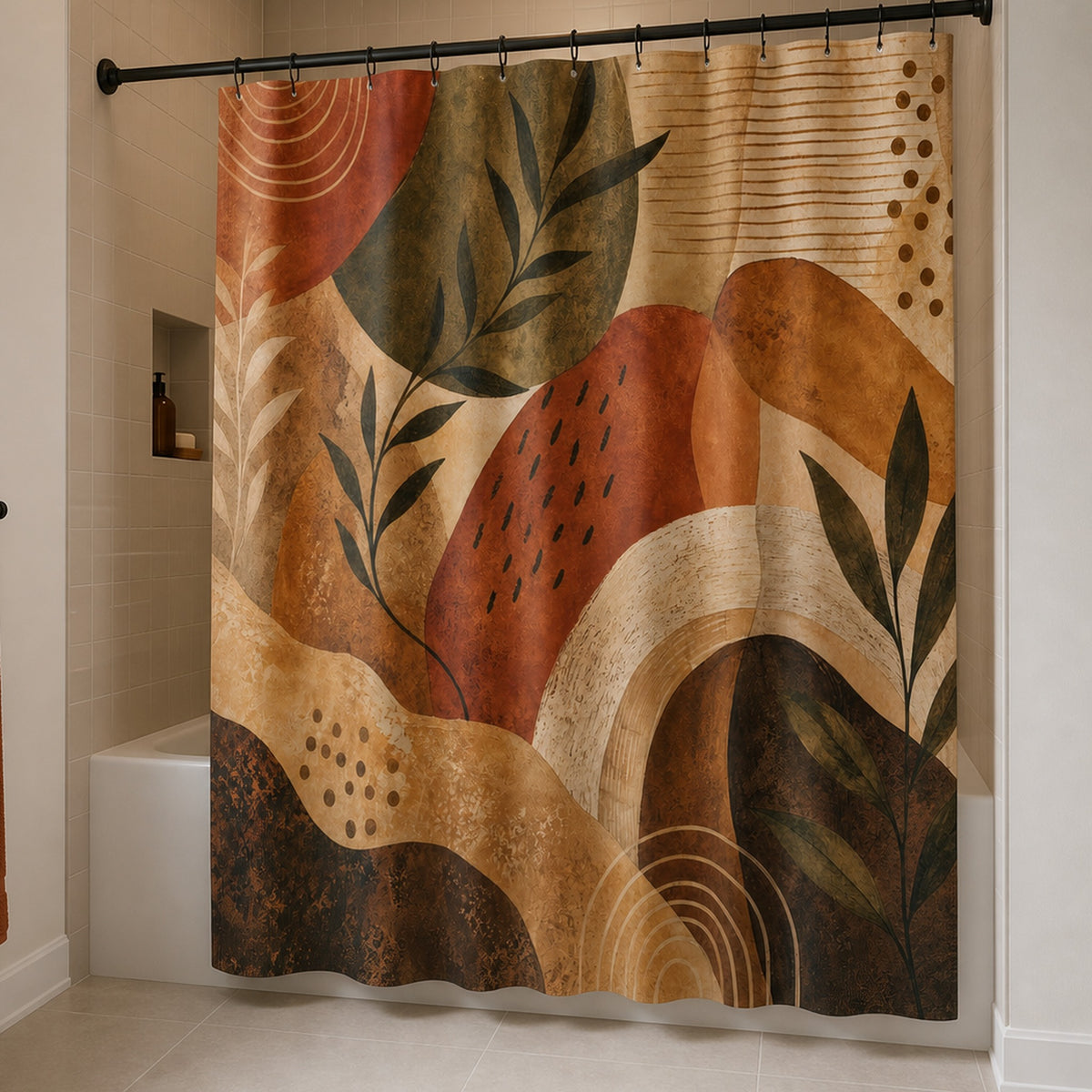 Earthy terracotta abstract botanical shower curtain in a sunlit cream tile renter bathroom