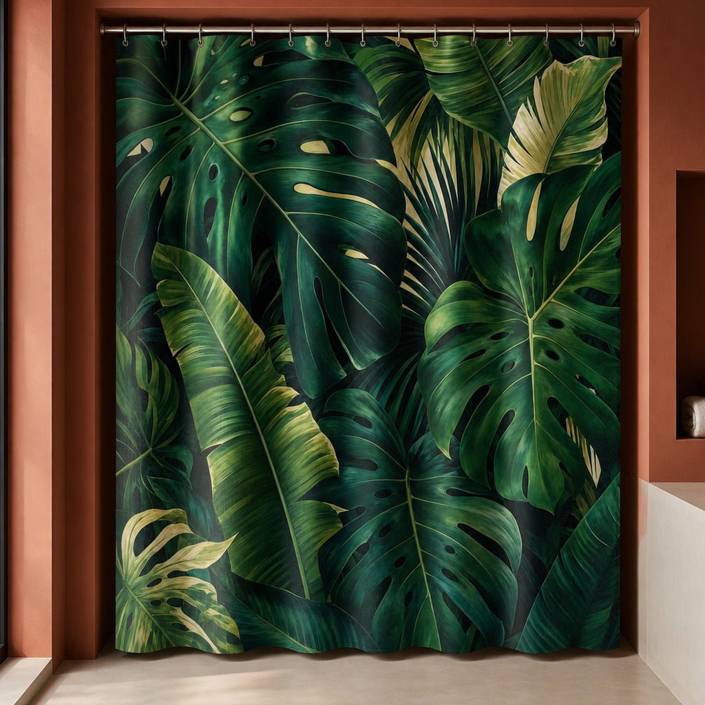 Monstera shower curtain in a deep persimmon designer bathroom with ultramarine glass