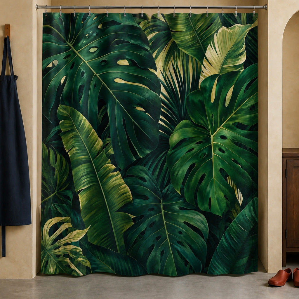 Monstera shower curtain in a marigold bungalow bathroom with navy work apron