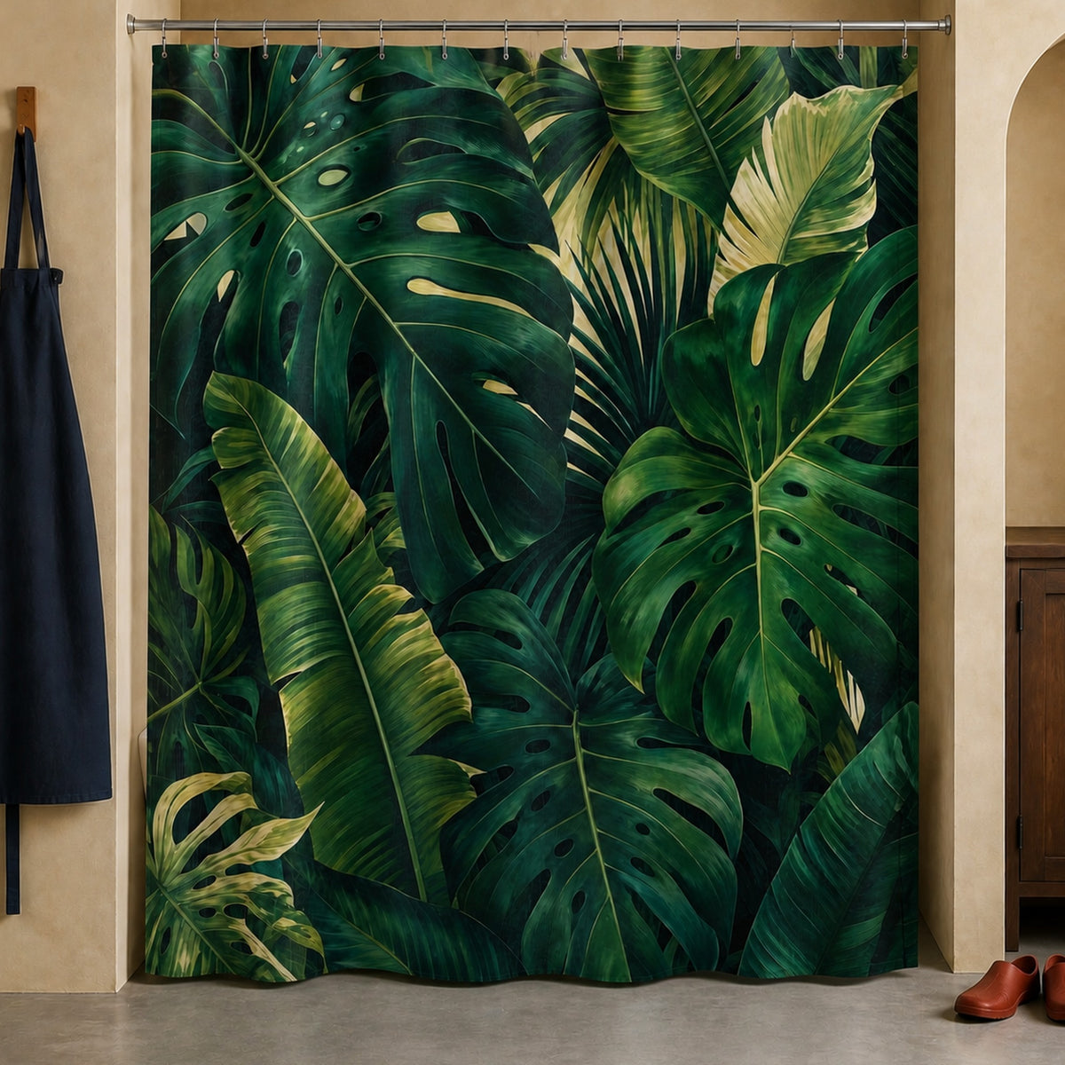 Monstera shower curtain in a marigold bungalow bathroom with navy work apron