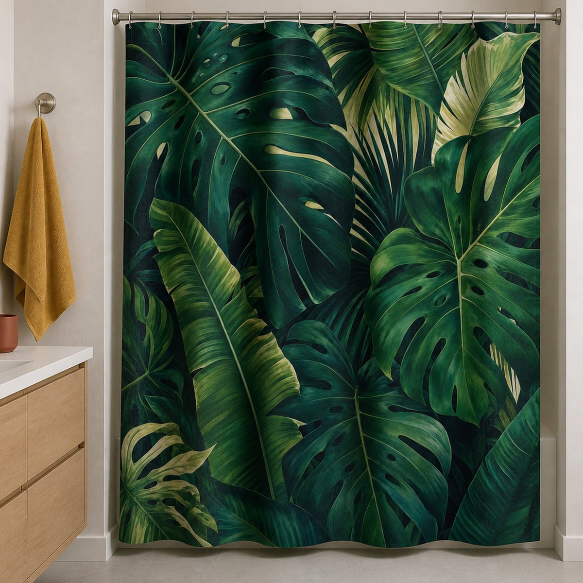 Monstera shower curtain in a pale mushroom bathroom with light oak vanity