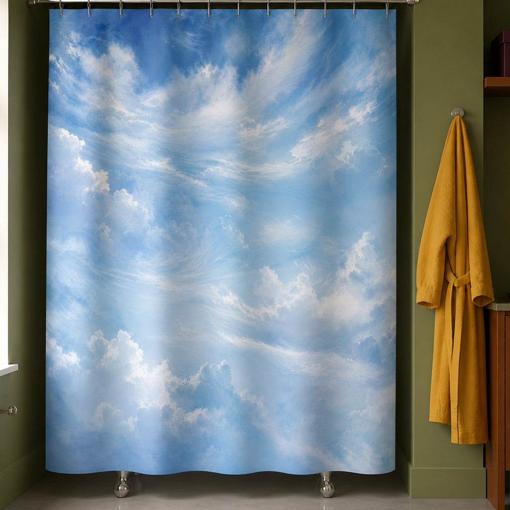 Blue sky cloud shower curtain in a deep moss townhouse bathroom