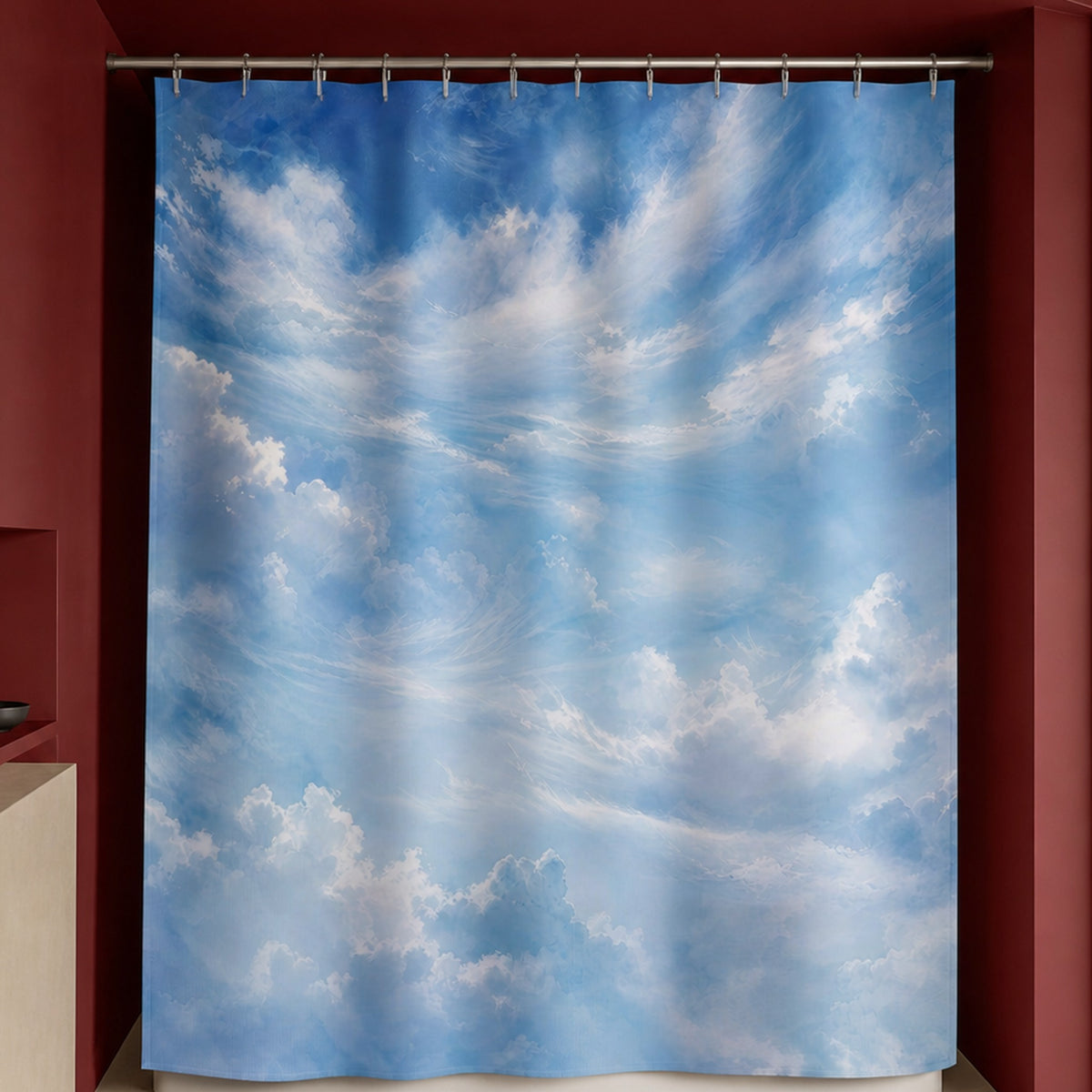 Blue sky cloud shower curtain in an oxblood designer bathroom