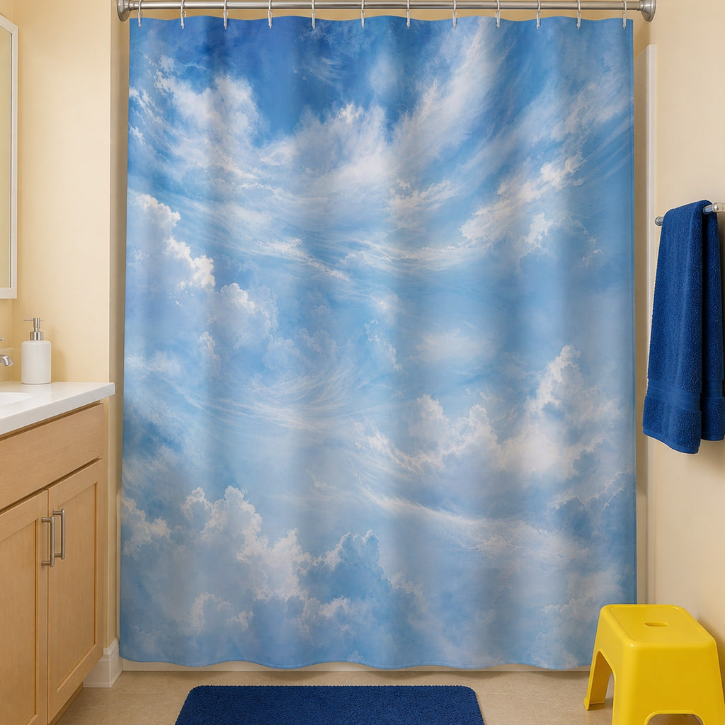 Blue sky cloud shower curtain in a pale apricot family bathroom