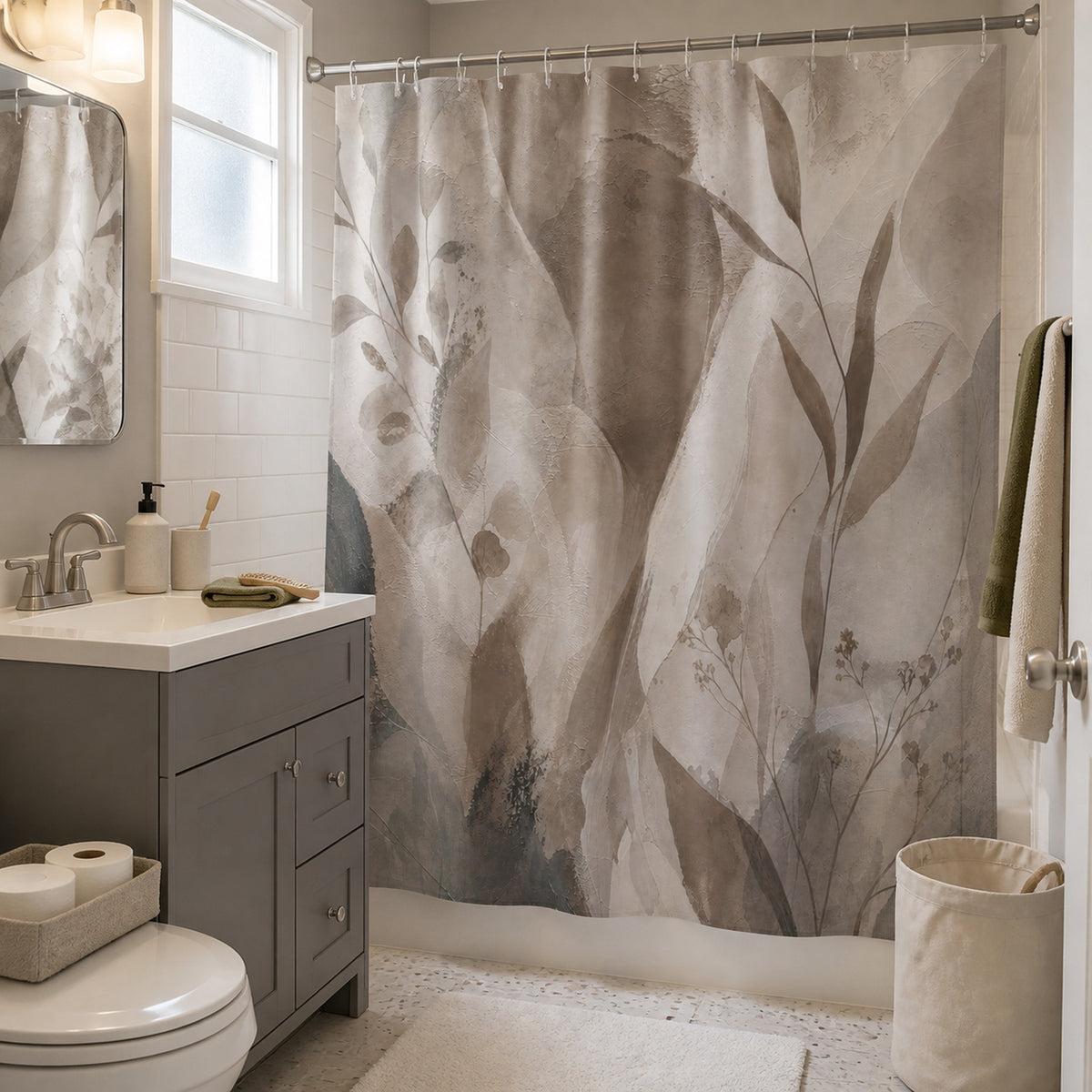 Taupe abstract botanical shower curtain in an attainable mushroom-tone rental bathroom
