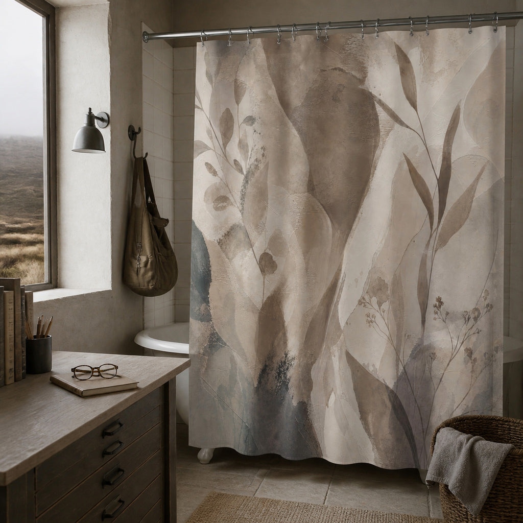 Taupe abstract botanical shower curtain in a moorland field-guide editor's bathroom