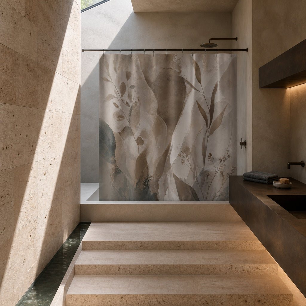 Taupe abstract botanical shower curtain in a sunken limestone light-well designer bathroom