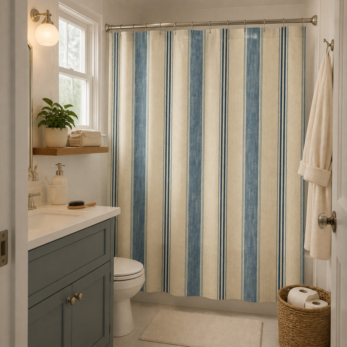 Weathered denim blue striped shower curtain in an attainable cottage guest bathroom