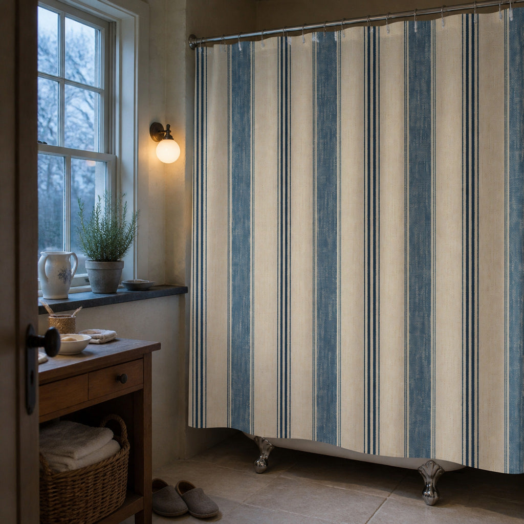 Weathered denim blue striped shower curtain in a Maine artist cottage bathroom