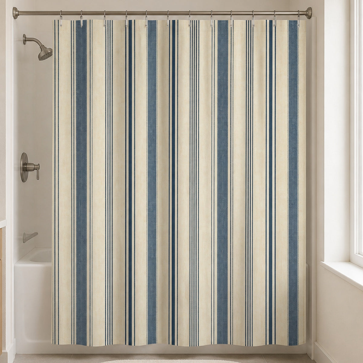 Indigo ivory ticking stripe shower curtain in an attainable warm white bathroom with pale oak vanity and slate blue towel