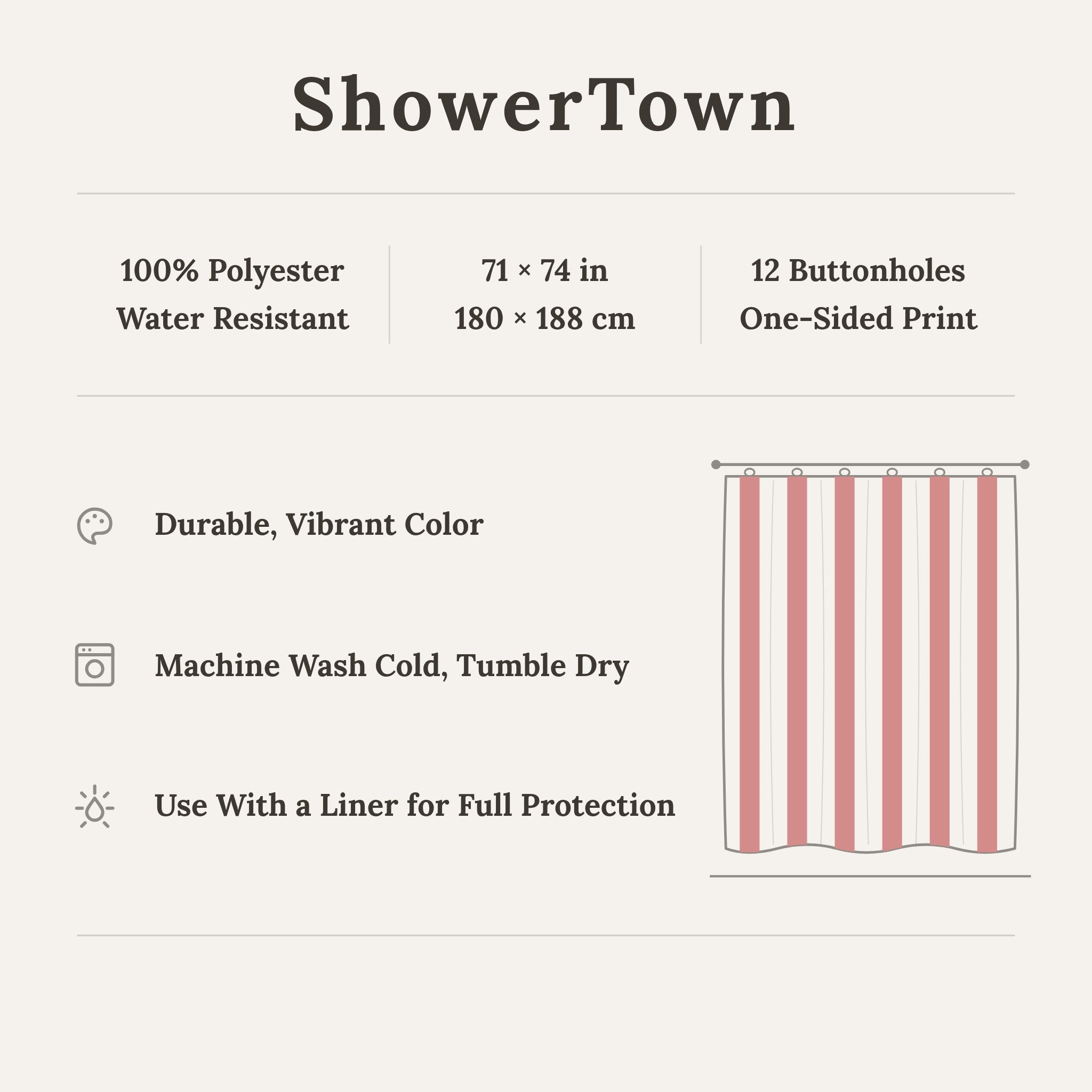 ShowerTown Curtain Details - Material, Dimensions, Care Instructions