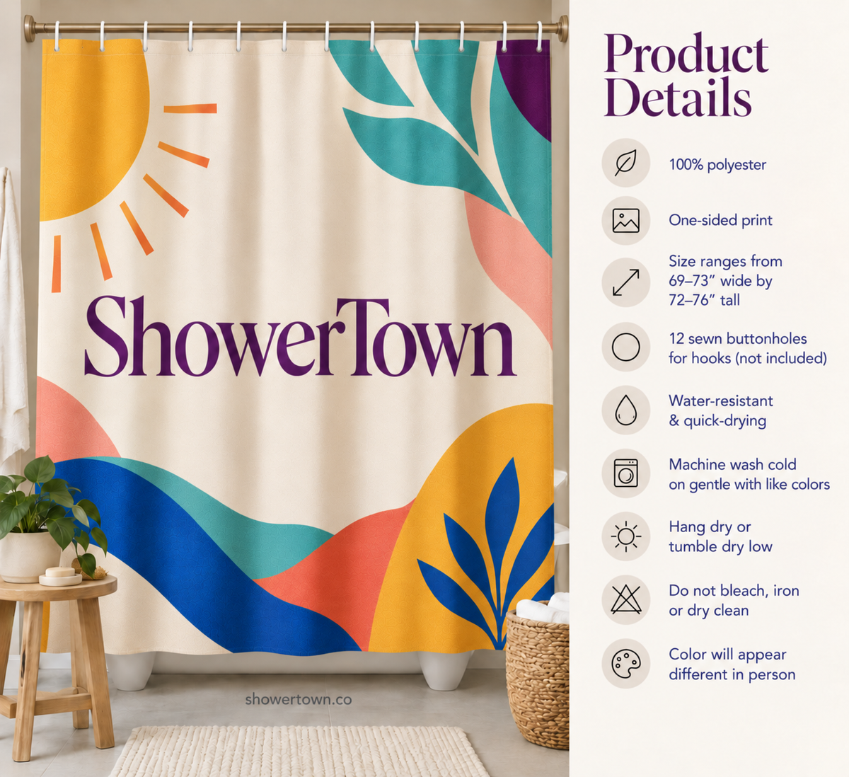 Polyester curtain guide: 69–73 in wide, 72–76 in tall; 12 sewn buttonholes; hooks excluded; wash cold, dry low; colors vary